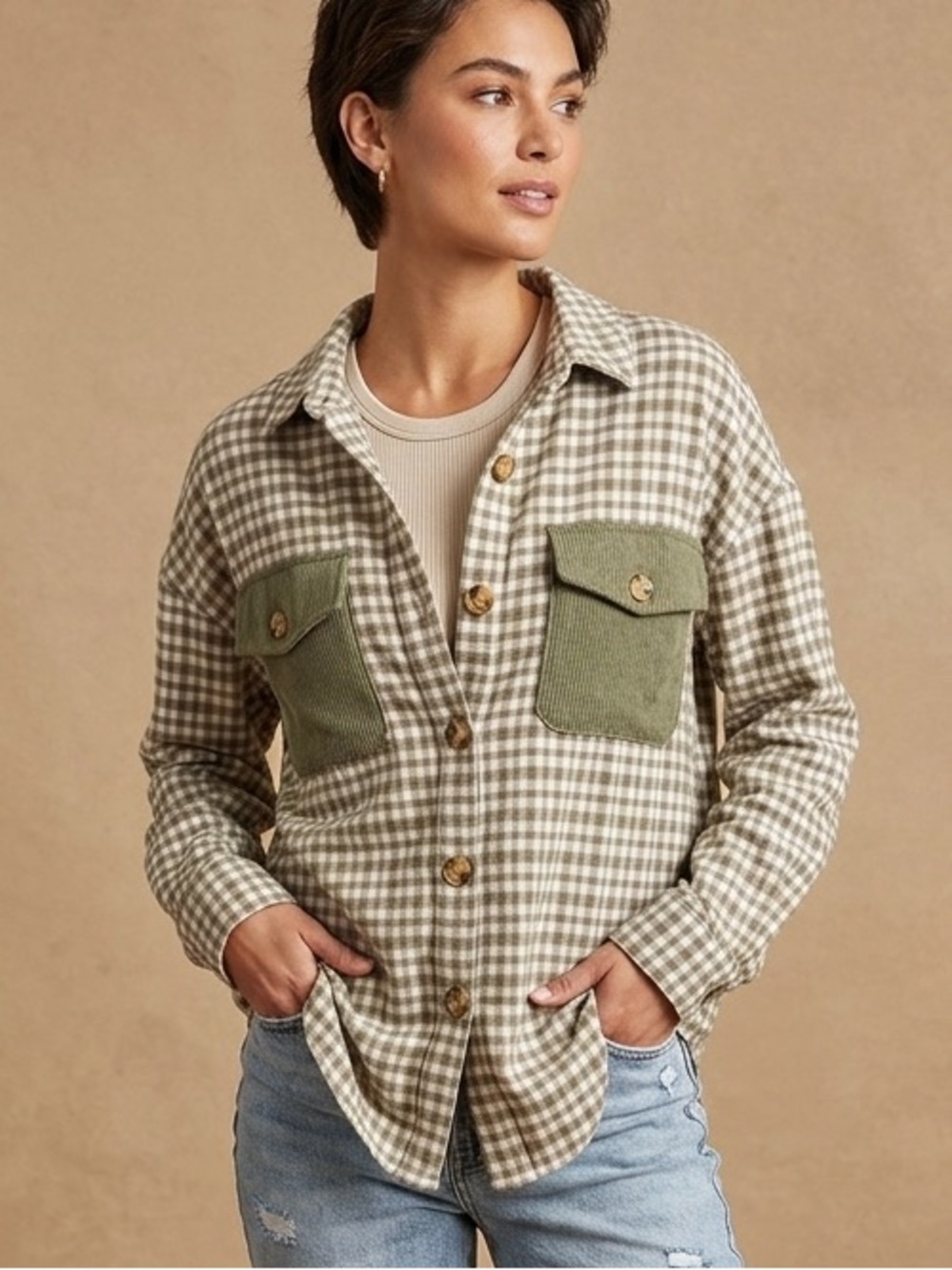 mine Beige Gingham Button-Up Shirt Jacket with Olive Patch Pockets